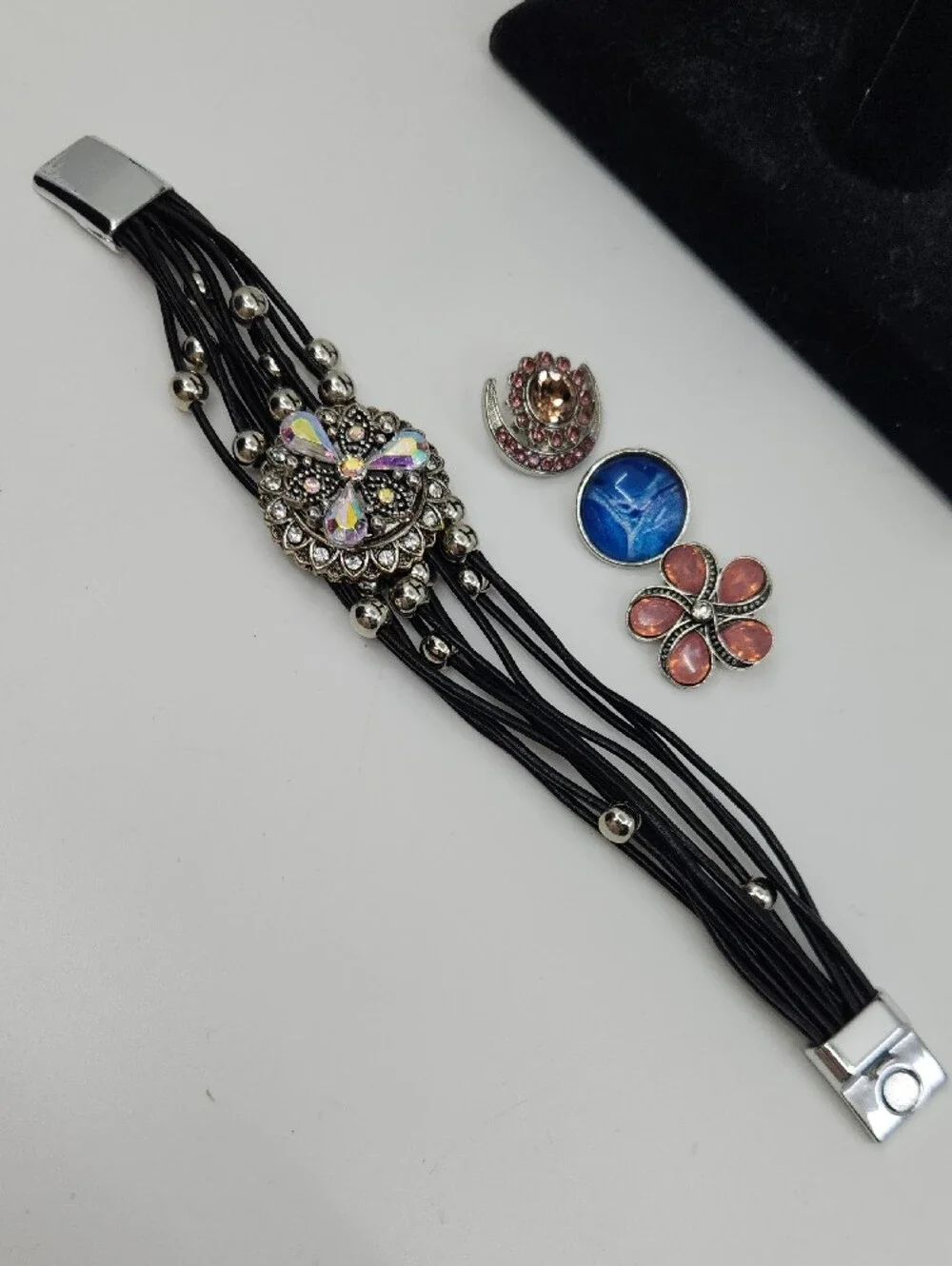 Four (4) Snap Black Cord and Bead Crystal Statement Bracelet - Four Designs